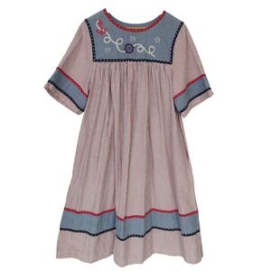 Go Softly Patio Nautical Anchor Striped Cotton Midi Dress Size Medium